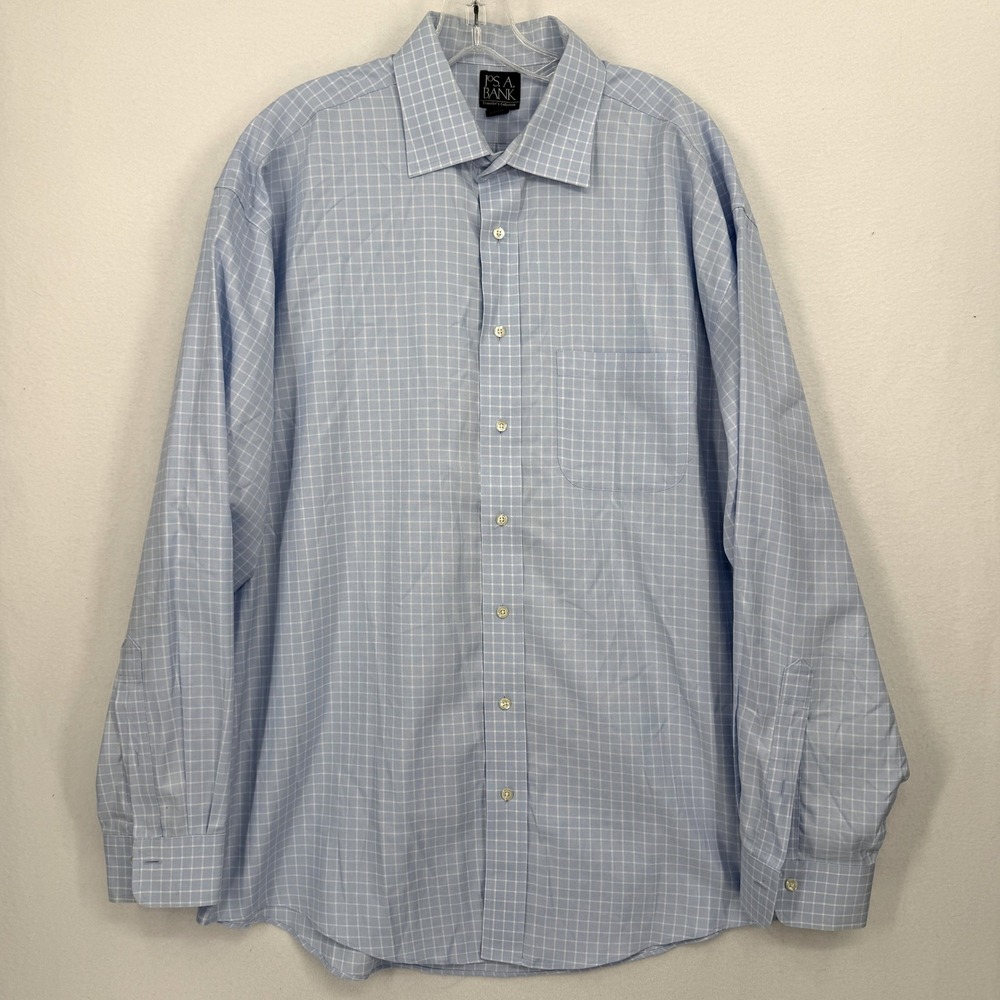 Jos A‎ Bank Button Down Shirt Mens 17-35 Blue Windowpane Traveler's Collection